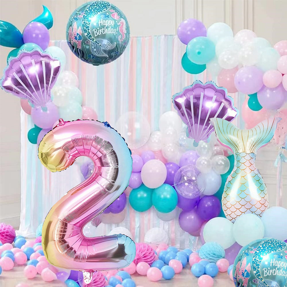6pcs Ocean-Themed Birthday Balloon Set with Mermaid Tails & Seashells - Vibrant Mixed Colors, Durable Aluminum Foil, Includes Number 1-7 Balloons for Under the Sea Celebrations