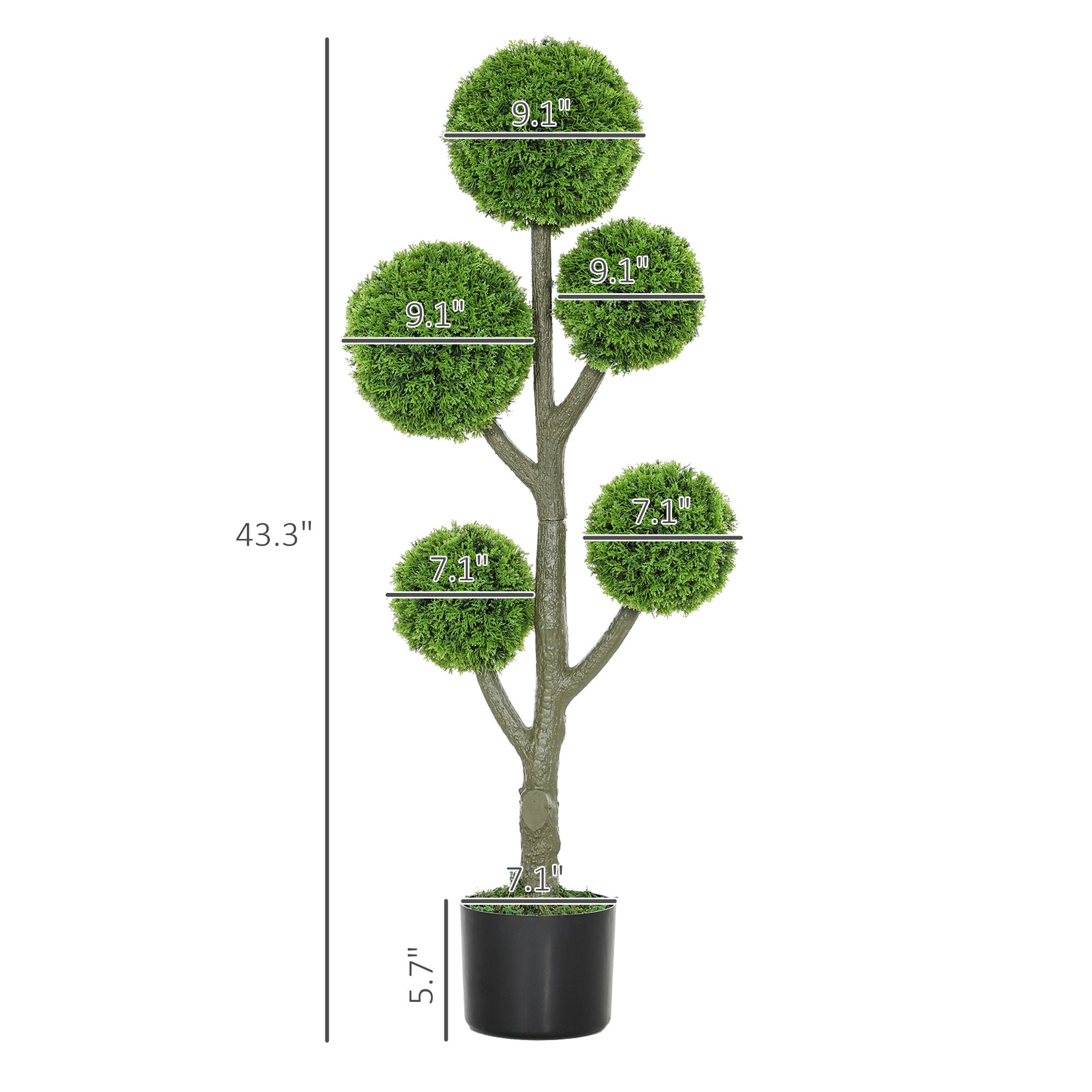 HOMCOM Decorative Artificial Plant, Topiary Five-ball Cypress Tree in Pot, Fake Plant for Home Indoor outdoor Decor, 43.3 Inch, Green