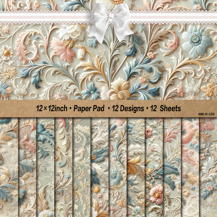 12/24/36/48 Sheets 3D Embossed Floral Scrapbook Paper Pad, 12x12 Inch Decorative Craft Cardstock for DIY Card Making, Art Projects & Background Supplies