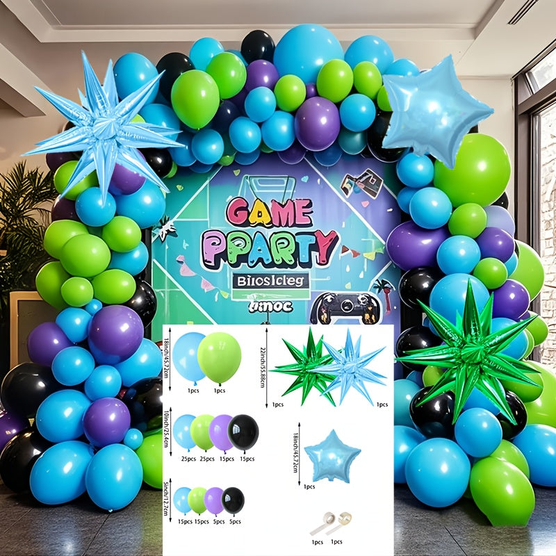 Game Themed Balloon Arch Set, 127pcs Blue, Green, Black, Purple Latex Balloons (18/10/5 Inches), Equipped with Explosive Star (22 Inches), Gamepad Foil Balloons, Suitable for Birthday Parties, Bachelor Parties
