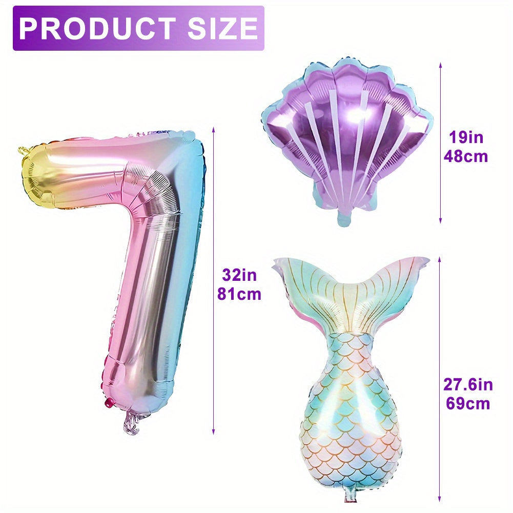 6pcs Ocean-Themed Birthday Balloon Set - Large Number 1-7 with Mermaid Tails & Seashells, Colorful Aluminum Foil, Perfect for Sea Creature Party Decorations