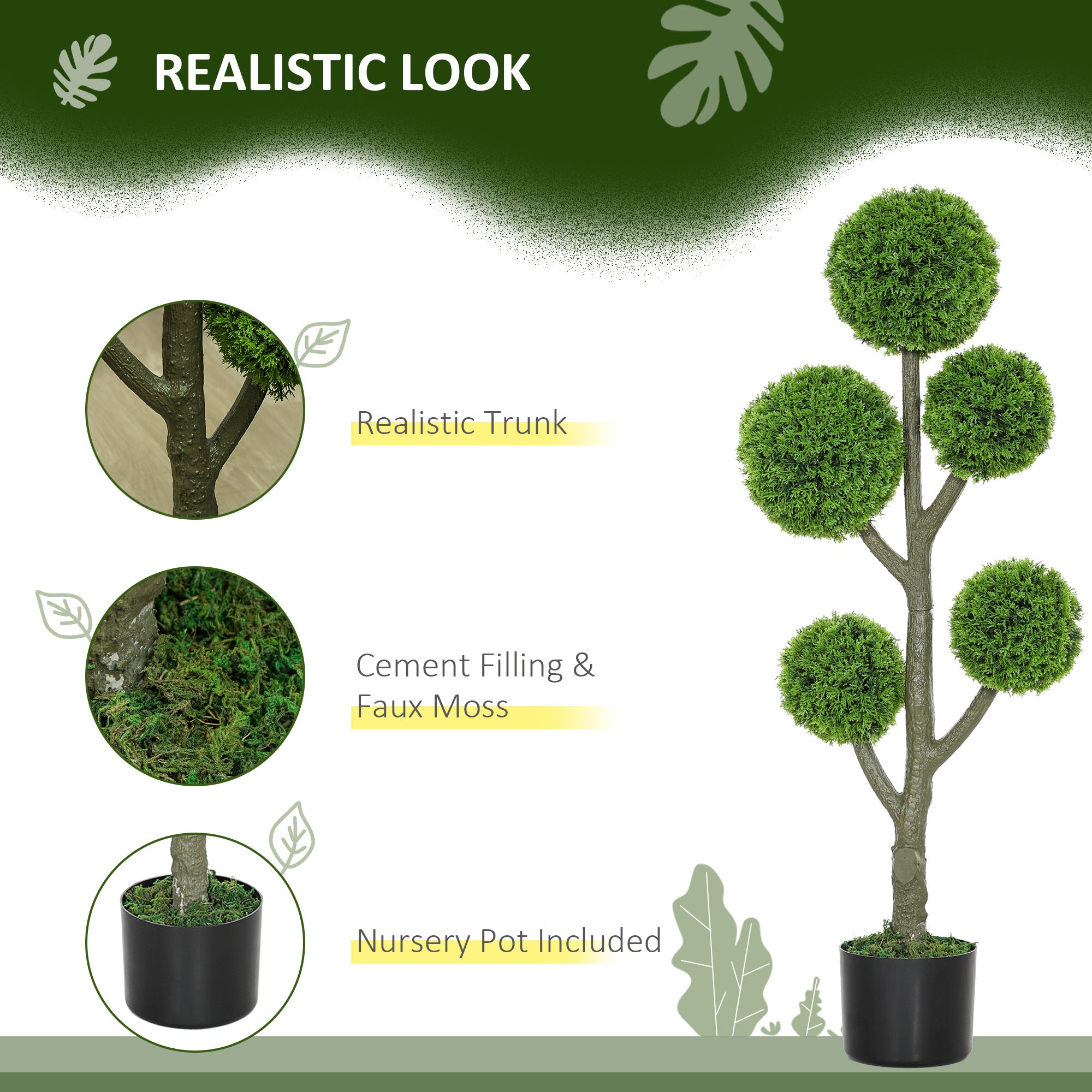 HOMCOM Decorative Artificial Plant, Topiary Five-ball Cypress Tree in Pot, Fake Plant for Home Indoor outdoor Decor, 43.3 Inch, Green