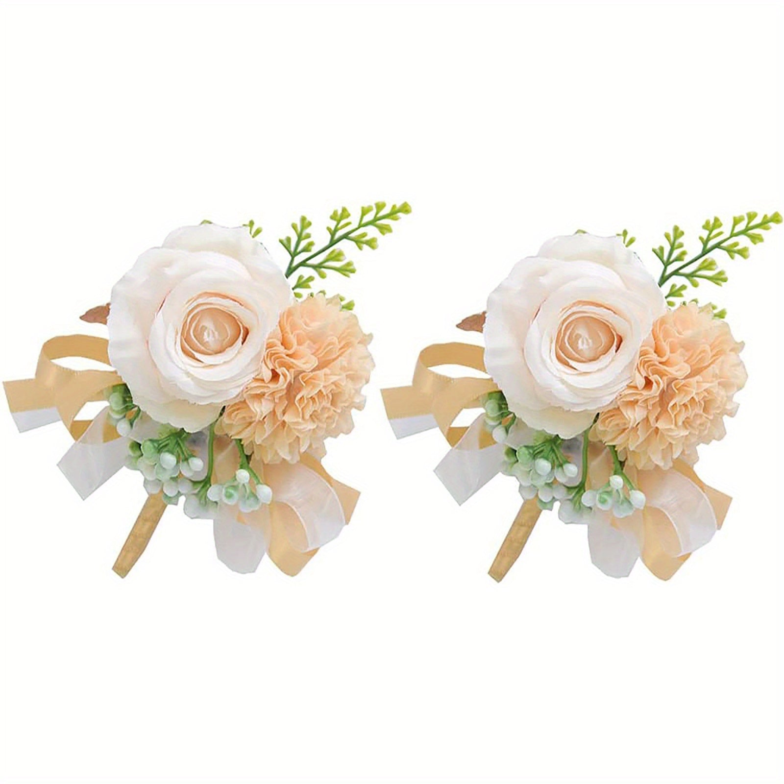 2pcs, Artificial Rose and Carnation Wrist Corsage Set for White Wedding and Prom Decorations
