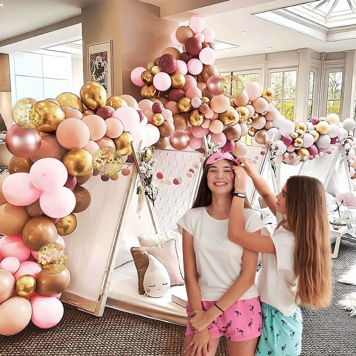Rose Golden Balloon Garland Kit, 130pcs Nude Pink Golden & White Balloons With Confetti For Wedding, & Bridal Shower Decorations, Girl Birthday Party Decor
