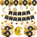 Eid Mubarak Balloons Set, Black & Golden Ramadan Decor, Muslim Festival Party Supplies, Latex Balloons with Eid Banner, Star & Moon Spiral Hanging Ornaments, Blue & Golden Ramadan Balloon Backdrop for Home & Kitchen