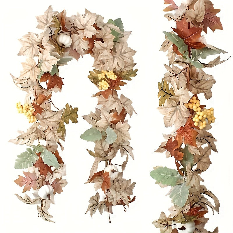 1pc, Fall Pumpkin Garland, 71.1 Inch Artificial Maple Leaf Pumpkin Berry Rattan Wreath With Pumpkins Maple Leaves Wreath For Wedding Thanksgiving Table Farmhouse Decor