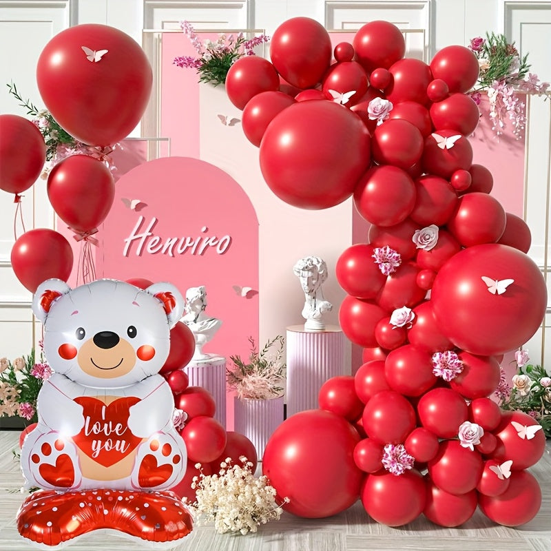 1pc Valentine's Day Teddy Bear Balloon Set with 58" Self-Sealing Heart Aluminum Balloons, "I Love You" Design - Ideal for Romantic Proposals, Weddings & Anniversaries, Valentines Decorations