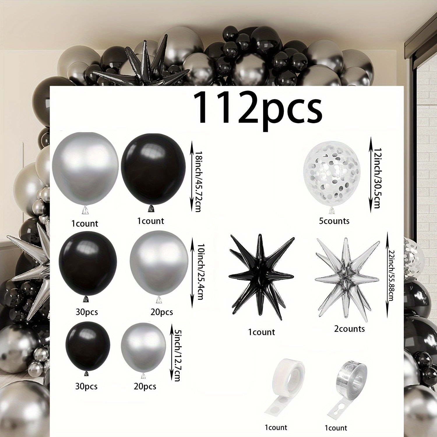 147/112pcs Luxe Balloon Arch Kit - Black, Golden & Silvery with Exploding Star Foil & Glitter Accents for Birthdays, Weddings, Anniversaries & Graduations - Versatile Indoor/Outdoor Party Decor