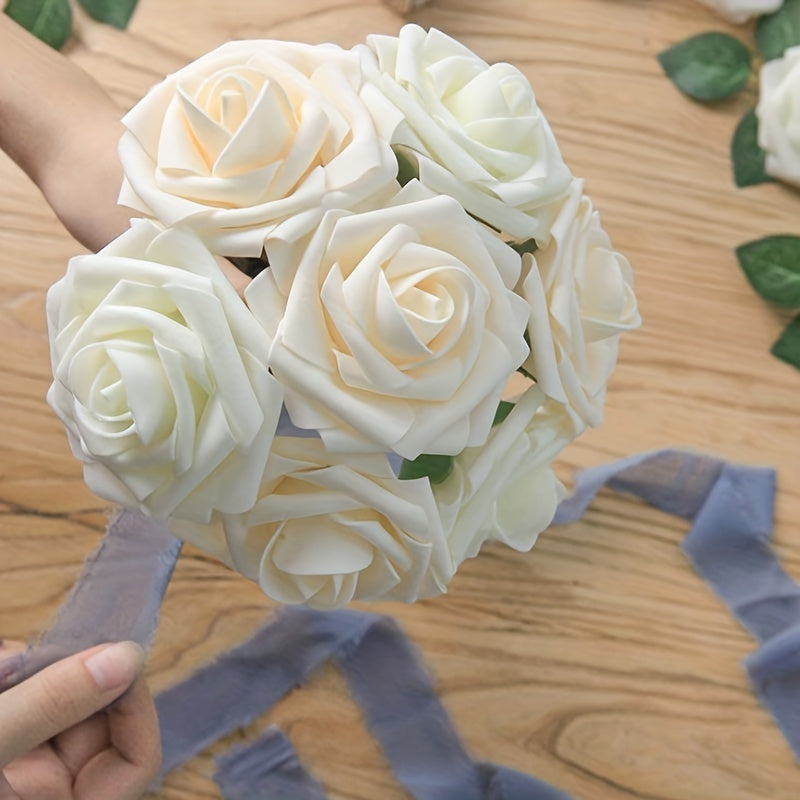 Ivory Artificial Roses, 25pcs - DIY Wedding Flowers with Stem for Bouquets, Boutonnieres, Centerpieces, Party Supplies, Holiday Decorations