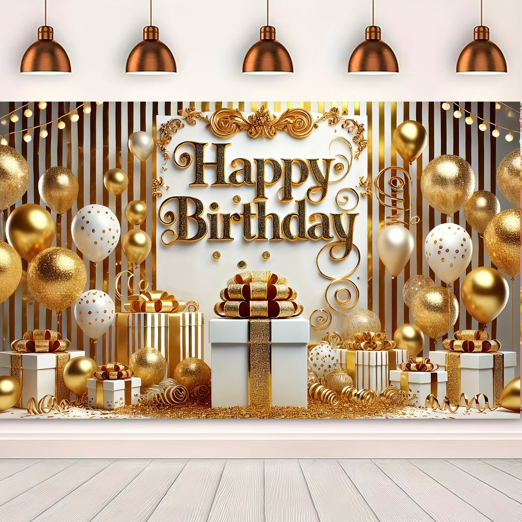 Golden & White Happy Birthday Banner - 70.87x43.31" Polyester Party Decoration Backdrop, Elegant Balloon Design Photography Prop, No Balloons Included