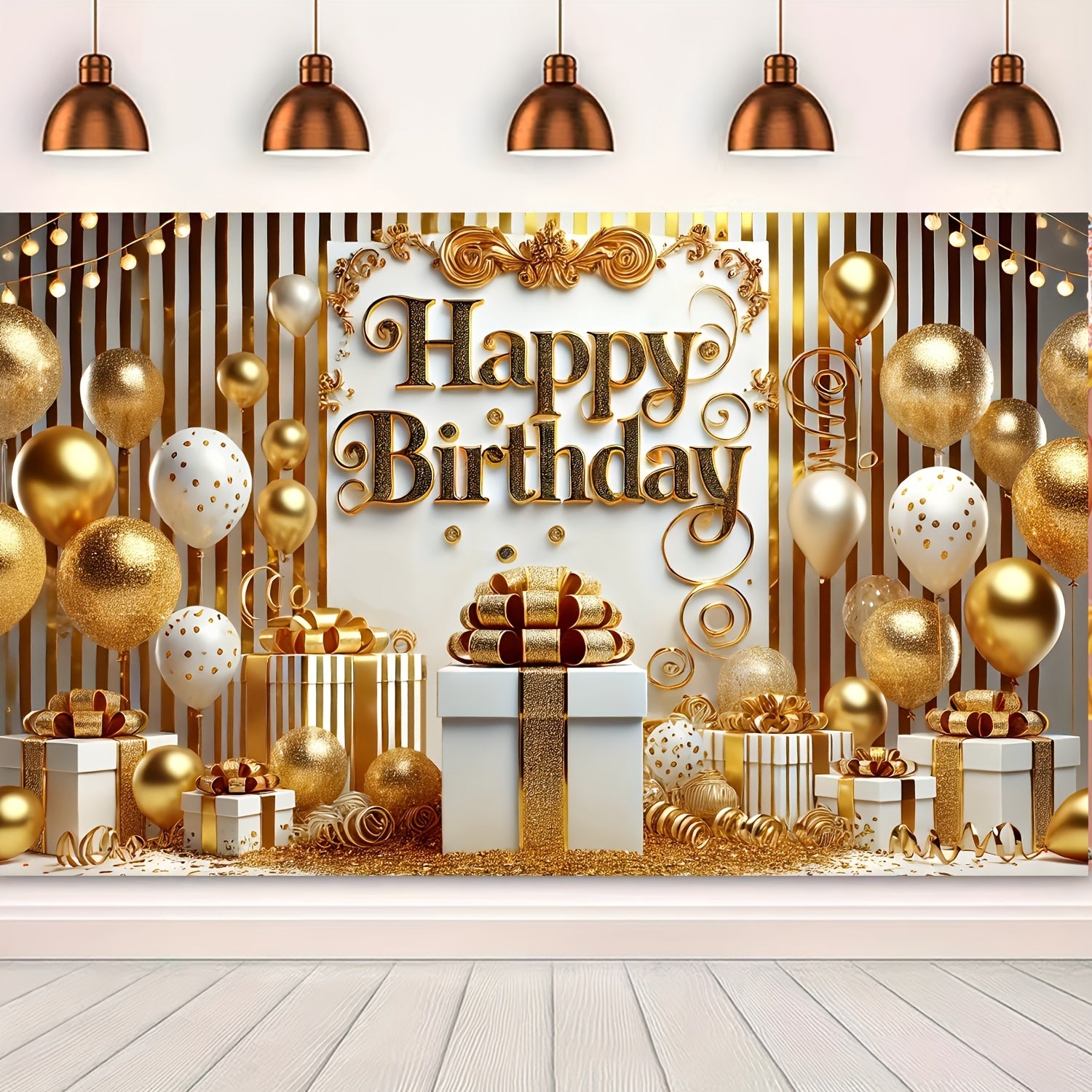 Golden & White Happy Birthday Banner - 70.87x43.31" Polyester Party Decoration Backdrop, Elegant Balloon Design Photography Prop, No Balloons Included