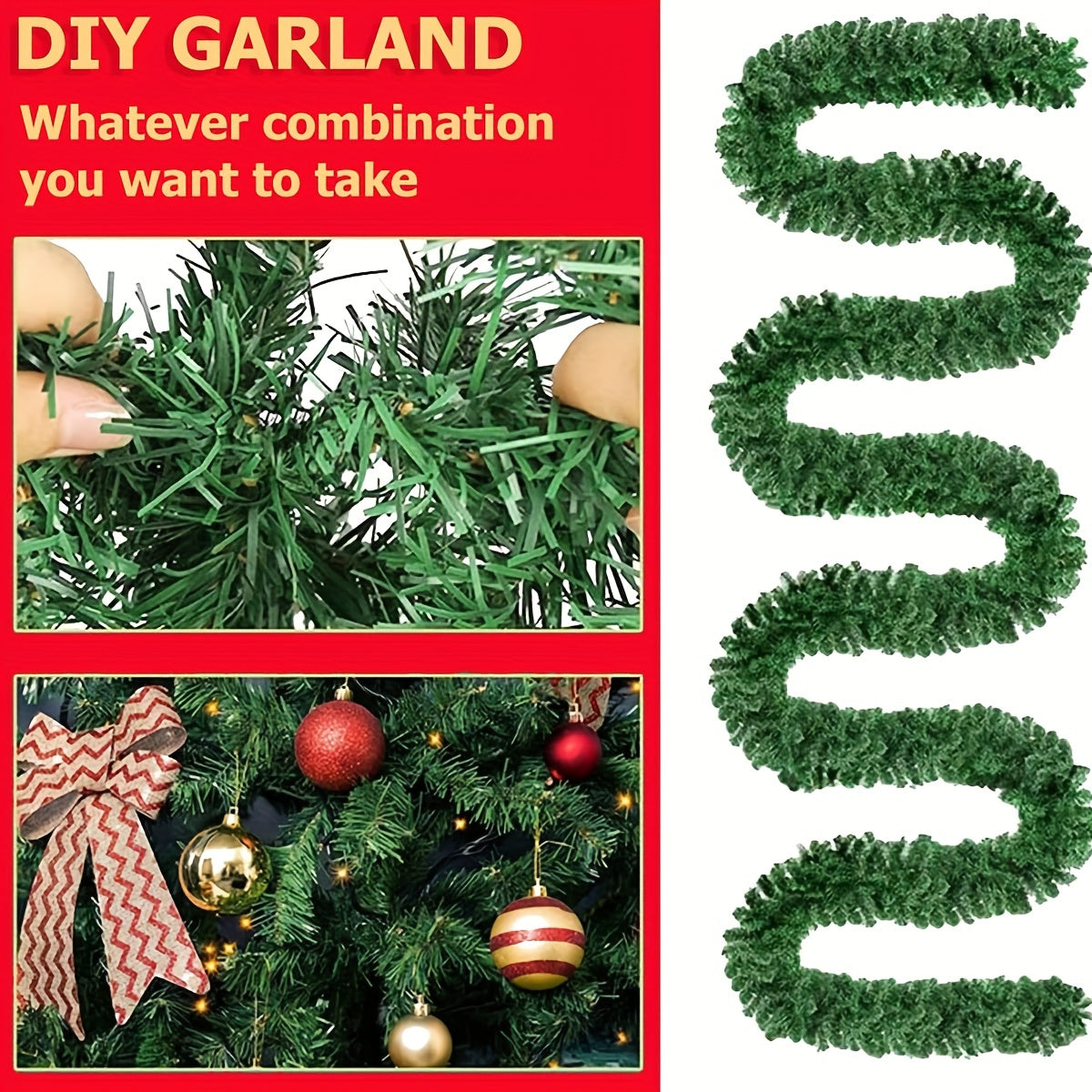 2pcs, 17ft Christmas Rattan Garland Decoration, Non-illuminated Artificial Garland For Outdoor Or Indoor Use, Premium Quality Soft Green Holiday Decoration For Home Garden, Wedding Party Decoration