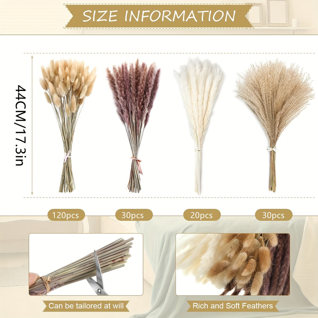 200pcs Artificial Pampas Grass Bundle - Includes 50 Decorations, 30 Natural Dried Feather Grass, 120 Natural Rabbit Tail Grass for Bohemian Table, Country Parties, Shower Decor, Wedding Party, and Home Decor