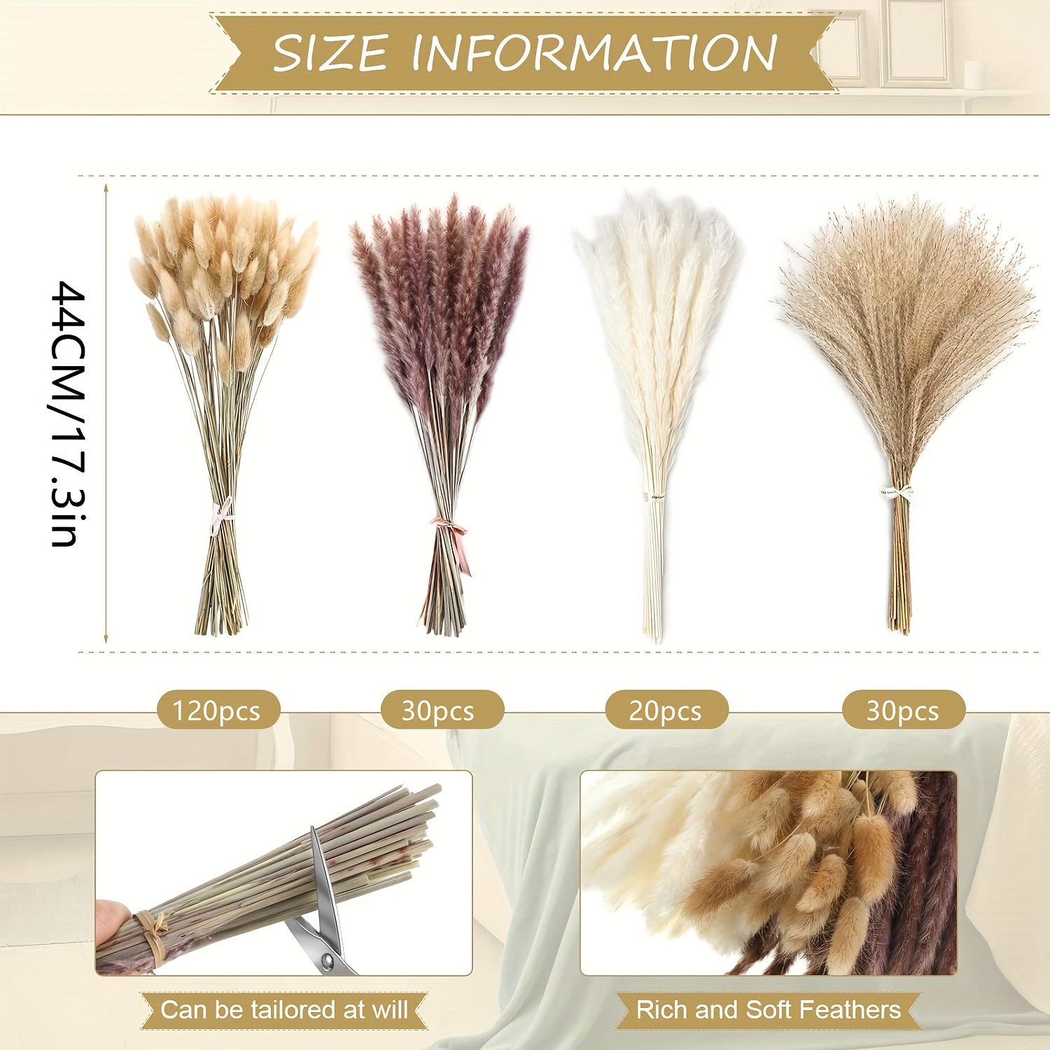 200pcs Artificial Pampas Grass Bundle - Includes 50 Decorations, 30 Natural Dried Feather Grass, 120 Natural Rabbit Tail Grass for Bohemian Table, Country Parties, Shower Decor, Wedding Party, and Home Decor