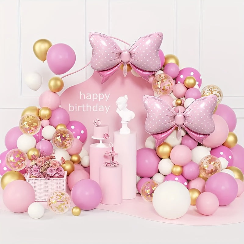Pink Balloon Arch Set, Pink Bow, Metallic Golden Sequin Balloon, Polka Dot Balloon, 124pcs, for Proposal, Wedding Decoration, Baptism Shower Ceremony, Holiday Celebration, Birthday Party Decoration, Etc. Helloween Christmas
