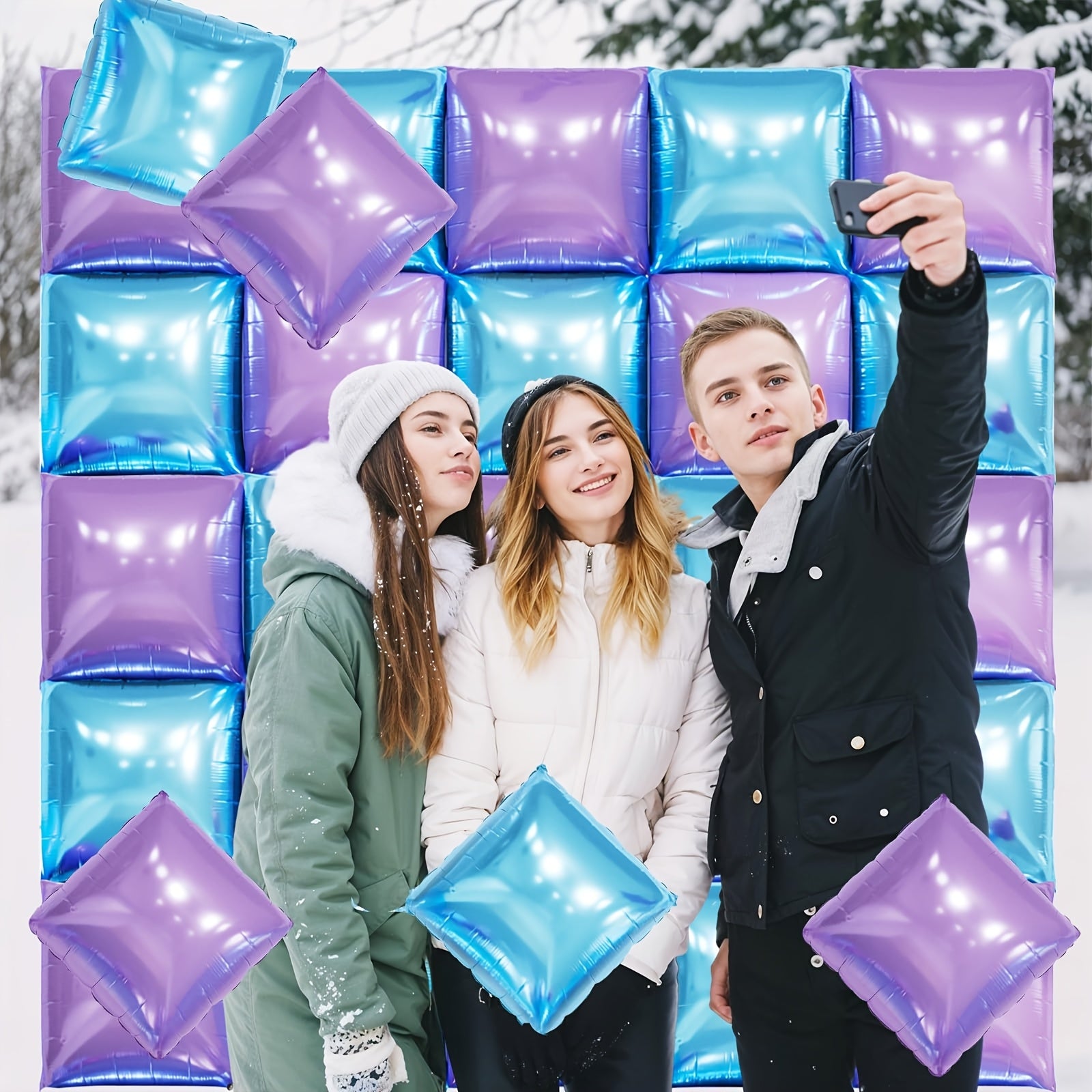 27 Pack, Blue And Purple Square Foil Balloons Wall, 19 Inch Double Sided Chrome Square Balloon Kit For Party, Princess Wedding, Anniversary, Birthday for party Decorations.