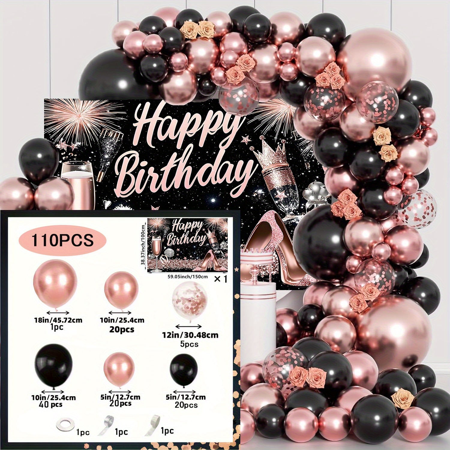 Rose Golden and Black 110pcs Balloon Arch Kit with "Happy Birthday" Backdrop, Metallic Rose Golden & Black Balloons in 18, 12, 10, 5 Inch Sizes for Birthday Party Bridal Shower Wedding Anniversary Decoration Halloween&Christm