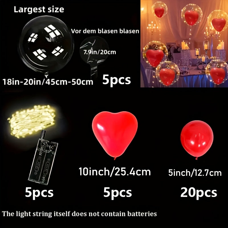 KADUOS 35pcs LED Balloon Kit, Red Heart-Shaped Balloons with Yellow LED Lights, 5 Bobo Balls & 25 Latex Balloons, Perfect for Birthday, Wedding, Proposal & Anniversary, Indoor & Outdoor Decor, Plastic, Batteries Not Included