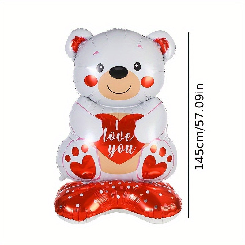 1pc Valentine's Day Teddy Bear Balloon Set with 58" Self-Sealing Heart Aluminum Balloons, "I Love You" Design - Ideal for Romantic Proposals, Weddings & Anniversaries, Valentines Decorations