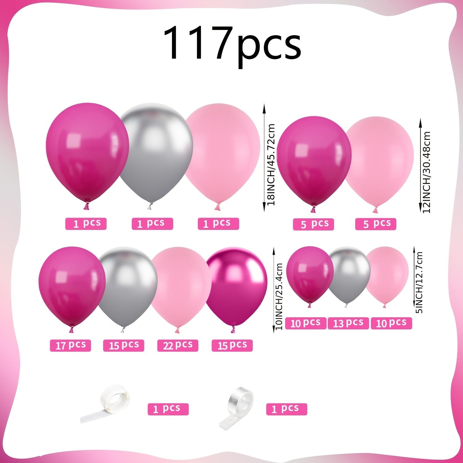 117pcs Pink & Silvery Balloon Arch Kit - Includes Pastel, Hot Pink & 4D Star Balloons for Princess Parties, Birthdays, Showers, Anniversaries, Weddings & Valentine's Day Decorations