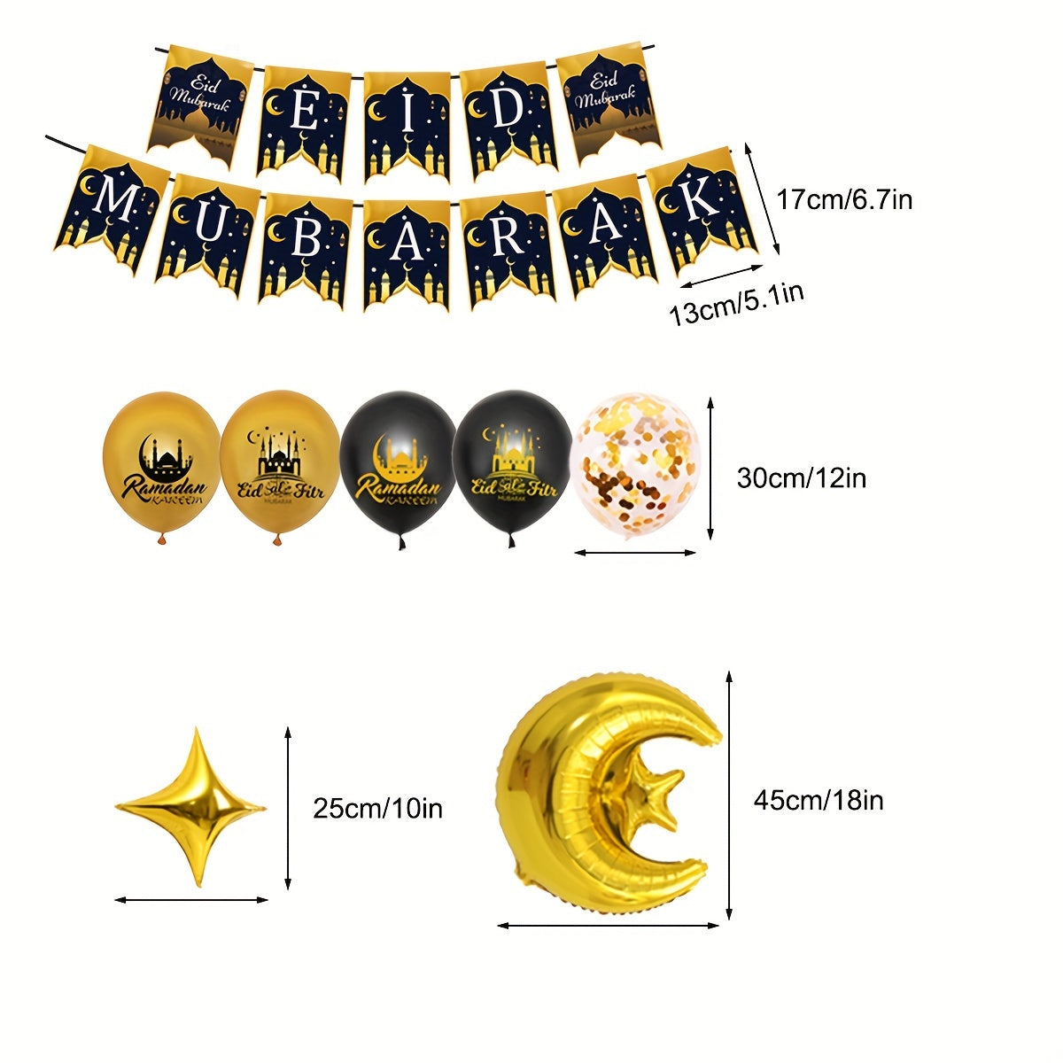 Eid Mubarak Balloons Set, Black & Golden Ramadan Decor, Muslim Festival Party Supplies, Latex Balloons with Eid Banner, Star & Moon Spiral Hanging Ornaments, Blue & Golden Ramadan Balloon Backdrop for Home & Kitchen