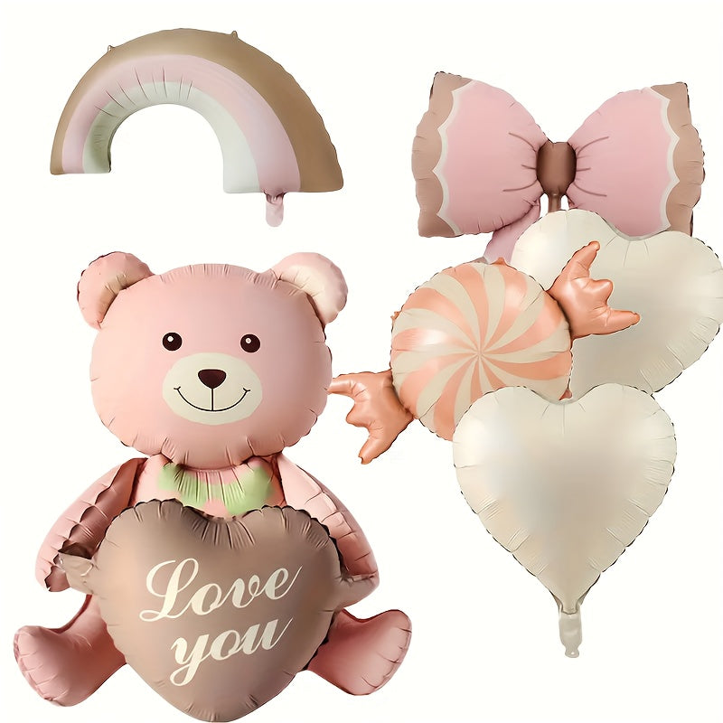 [Mixed Colors Aluminum Film Balloons] 6pcs Bear & Candy Balloon Set - Perfect for Birthdays, Anniversaries, Engagements | Mixed Colors, Oval Shape, Aluminum Film