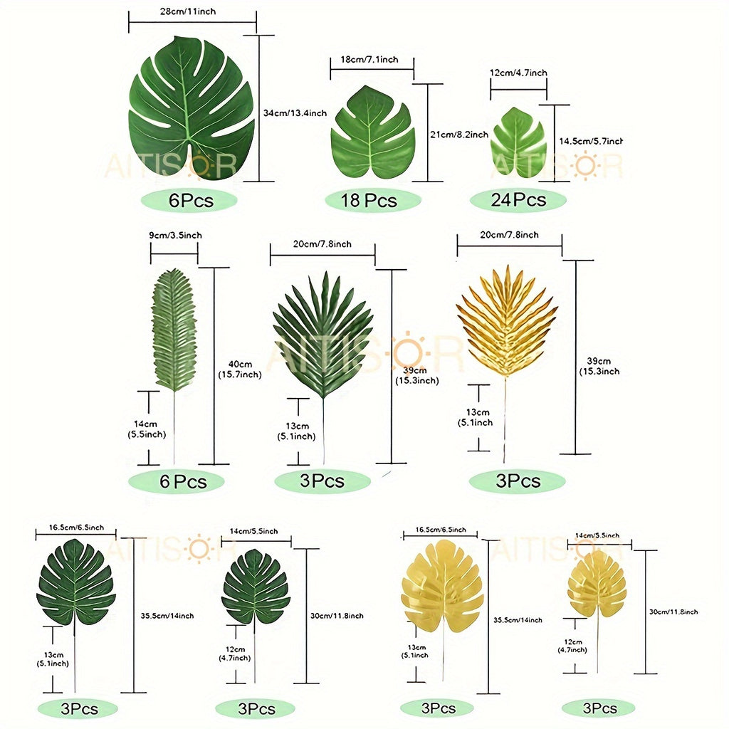 72pcs 10 Kinds Artificial Tropical Palm Leaves Tropical Leaves Monstera Leaves Safari Jungle Leaf with Stems for Hawaiian Luau Party Beach Table Wedding Shower Birthday Theme Decorations