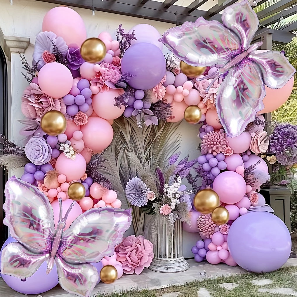 Mixed Color Aluminum Film Butterfly Themed Balloon Garland Kit - 172pcs with Curling Ribbon - Ages 14+, for Birthdays, Mother'S Day, and Seasonal Celebrations