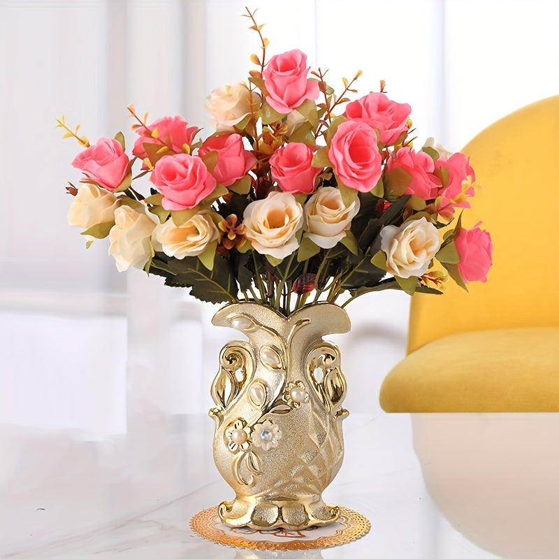 A Set of Artificial Roses with a Golden Ceramic Decorative Vase, Including a Small Vase, Two Bundles of Artificial Flowers, And a Flower Mat, Suitable for Decorating Dining Tables, Weddings, Bedrooms, Hotels, Restaurants, Bar