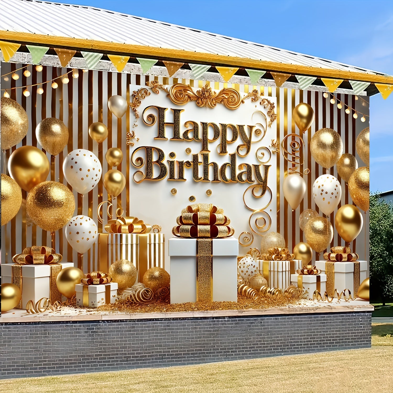 Golden & White Happy Birthday Banner - 70.87x43.31" Polyester Party Decoration Backdrop, Elegant Balloon Design Photography Prop, No Balloons Included