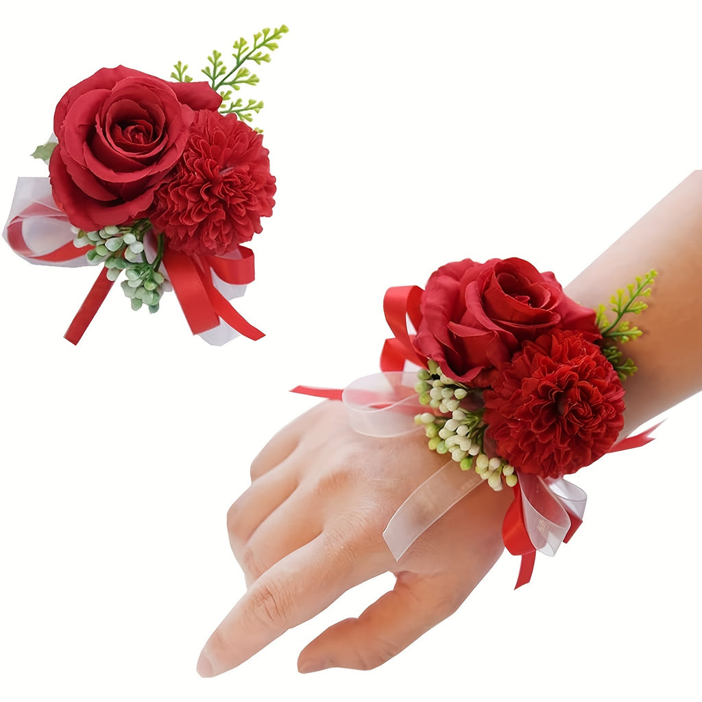 2pcs, Artificial Rose and Carnation Wrist Corsage Set for White Wedding and Prom Decorations