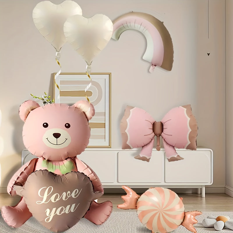 [Mixed Colors Aluminum Film Balloons] 6pcs Bear & Candy Balloon Set - Perfect for Birthdays, Anniversaries, Engagements | Mixed Colors, Oval Shape, Aluminum Film