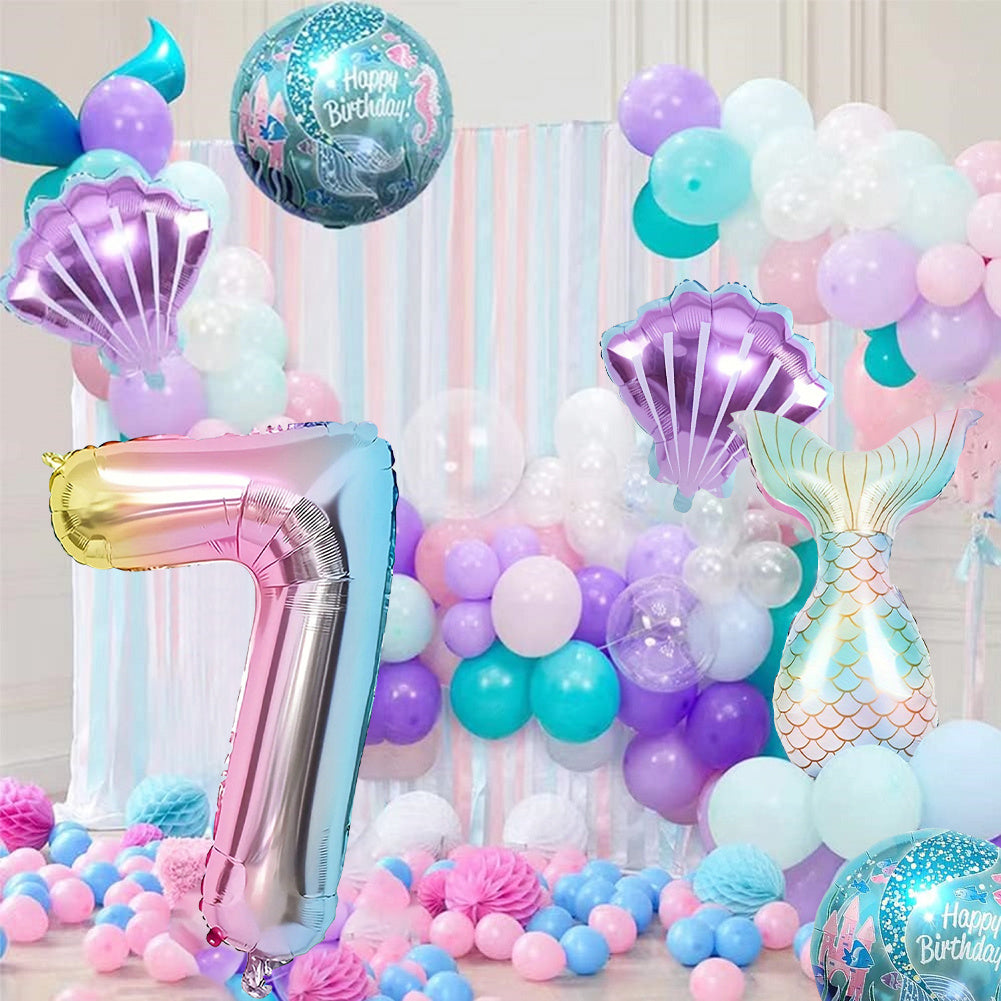 6pcs Ocean-Themed Birthday Balloon Set - Large Number 1-7 with Mermaid Tails & Seashells, Colorful Aluminum Foil, Perfect for Sea Creature Party Decorations