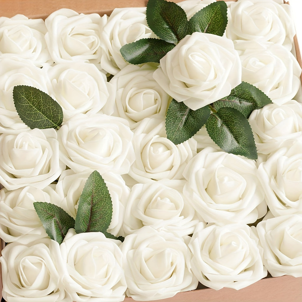 Ivory Artificial Roses, 25pcs - DIY Wedding Flowers with Stem for Bouquets, Boutonnieres, Centerpieces, Party Supplies, Holiday Decorations
