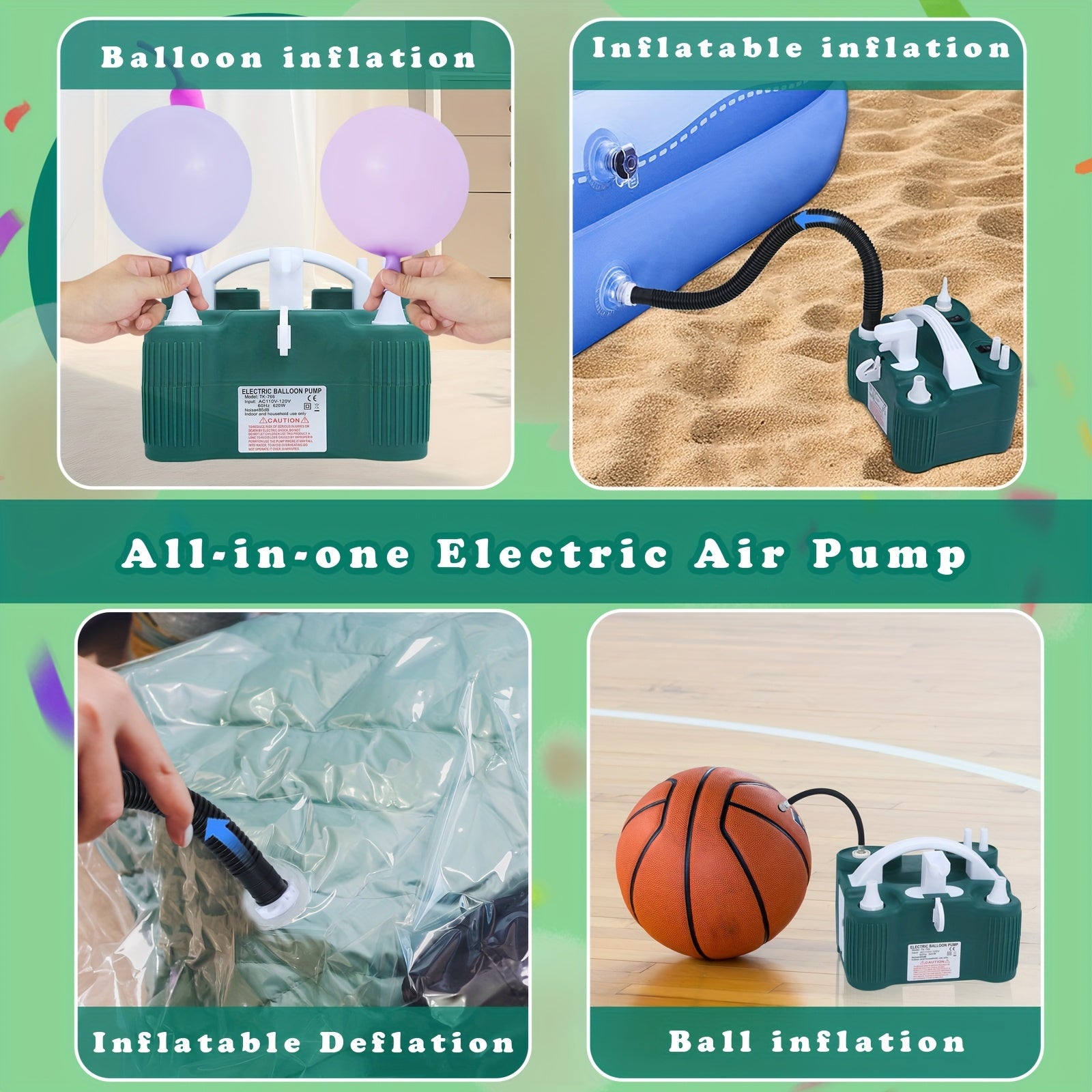 1 Electric Balloon Pump 3-in-1 Portable Air Pump | Fast Inflation for 260q Foil Mylar Latex Double-Stuffed Balloons, Inflator Deflator for Pool, Semi-automatic Operation, Green PP Material, Without Battery