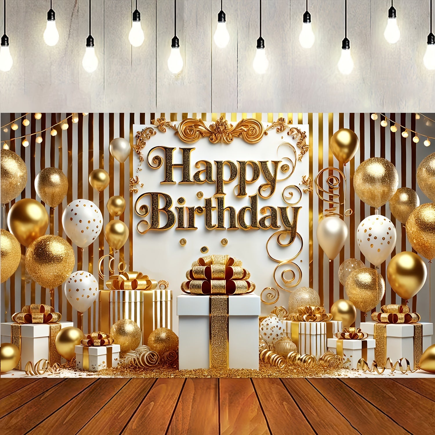 Golden & White Happy Birthday Banner - 70.87x43.31" Polyester Party Decoration Backdrop, Elegant Balloon Design Photography Prop, No Balloons Included