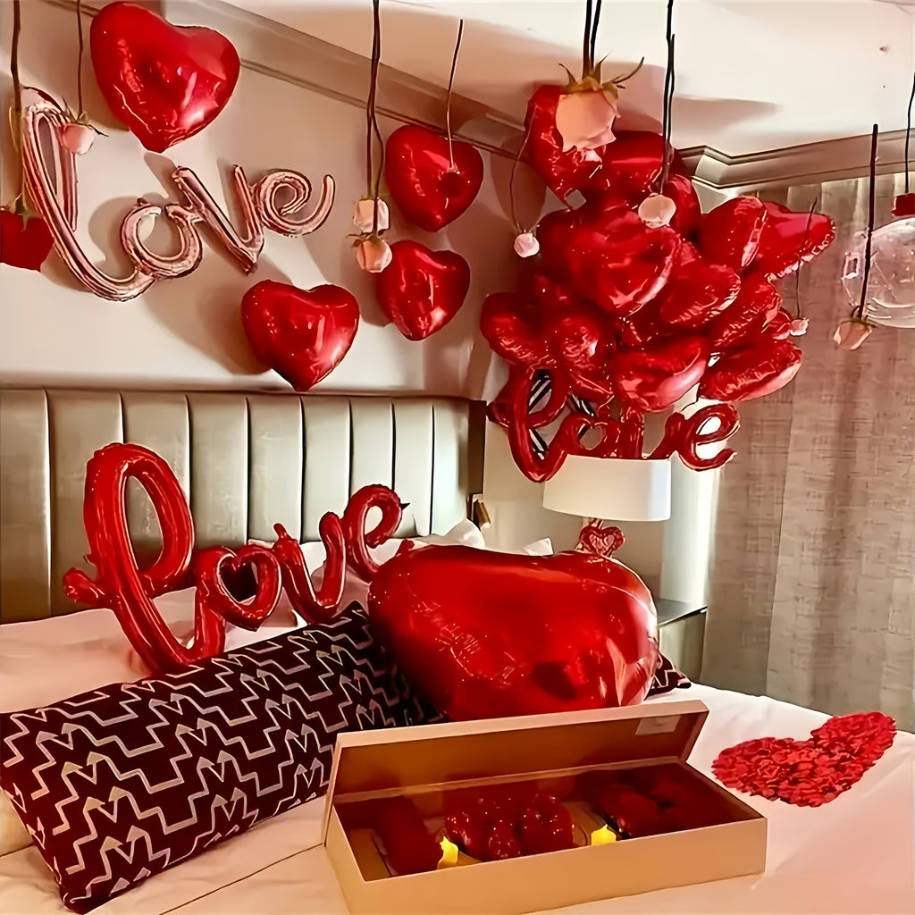 1 Set Romantic Valentine'S Day Balloon Decoration Kit, 500 Red Rose Petals, 20 Red Heart Foil Balloons, 1 Love Letter Balloon, Ideal for Proposal, Engagement, Wedding, Anniversary, Valentine'S Celebration, Confession, Versati
