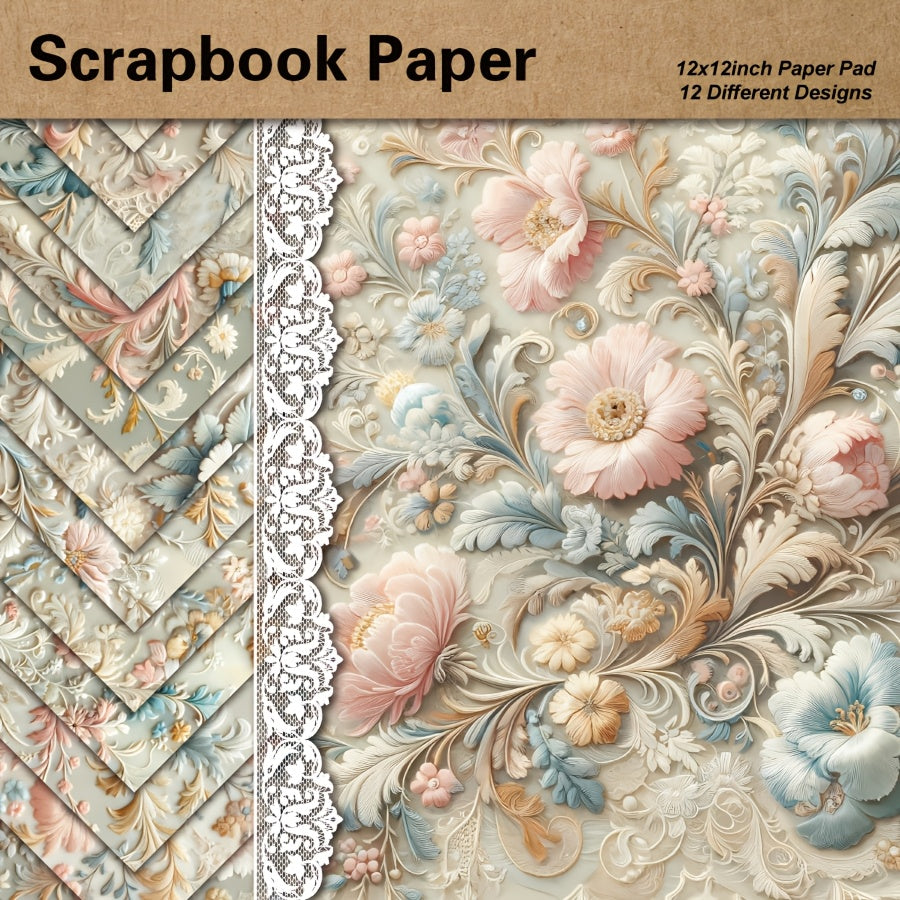 12/24/36/48 Sheets 3D Embossed Floral Scrapbook Paper Pad, 12x12 Inch Decorative Craft Cardstock for DIY Card Making, Art Projects & Background Supplies