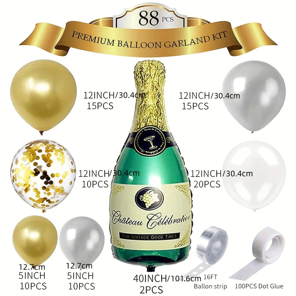 88pcs Shimmering Champagne Bottle Balloon Garland Arch Kit - Festive New Year Decorations - Golden & Silvery Transparent Balloons for Birthday, Wedding, and Anniversary Celebrations