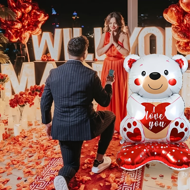 1pc Valentine's Day Teddy Bear Balloon Set with 58" Self-Sealing Heart Aluminum Balloons, "I Love You" Design - Ideal for Romantic Proposals, Weddings & Anniversaries, Valentines Decorations