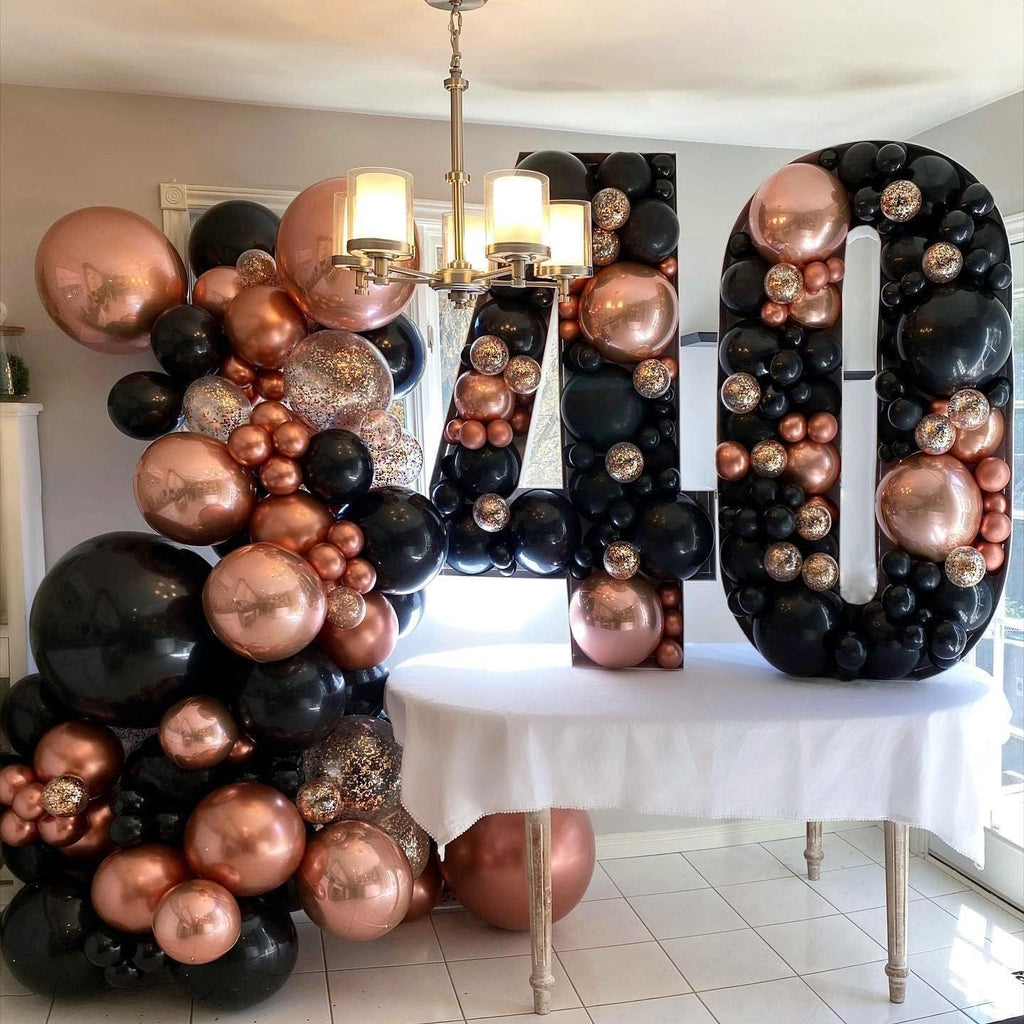 Rose Golden and Black 110pcs Balloon Arch Kit with "Happy Birthday" Backdrop, Metallic Rose Golden & Black Balloons in 18, 12, 10, 5 Inch Sizes for Birthday Party Bridal Shower Wedding Anniversary Decoration Halloween&Christm