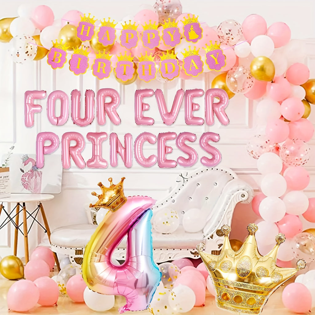 JeVenis 22pcs Four Ever A Princess Birthday Decorations Pink Golden Princess Castles Balloon Garland Crown Number 4 Foil Balloons Banner For 4 Years Old Birthday Party Decor Supplies
