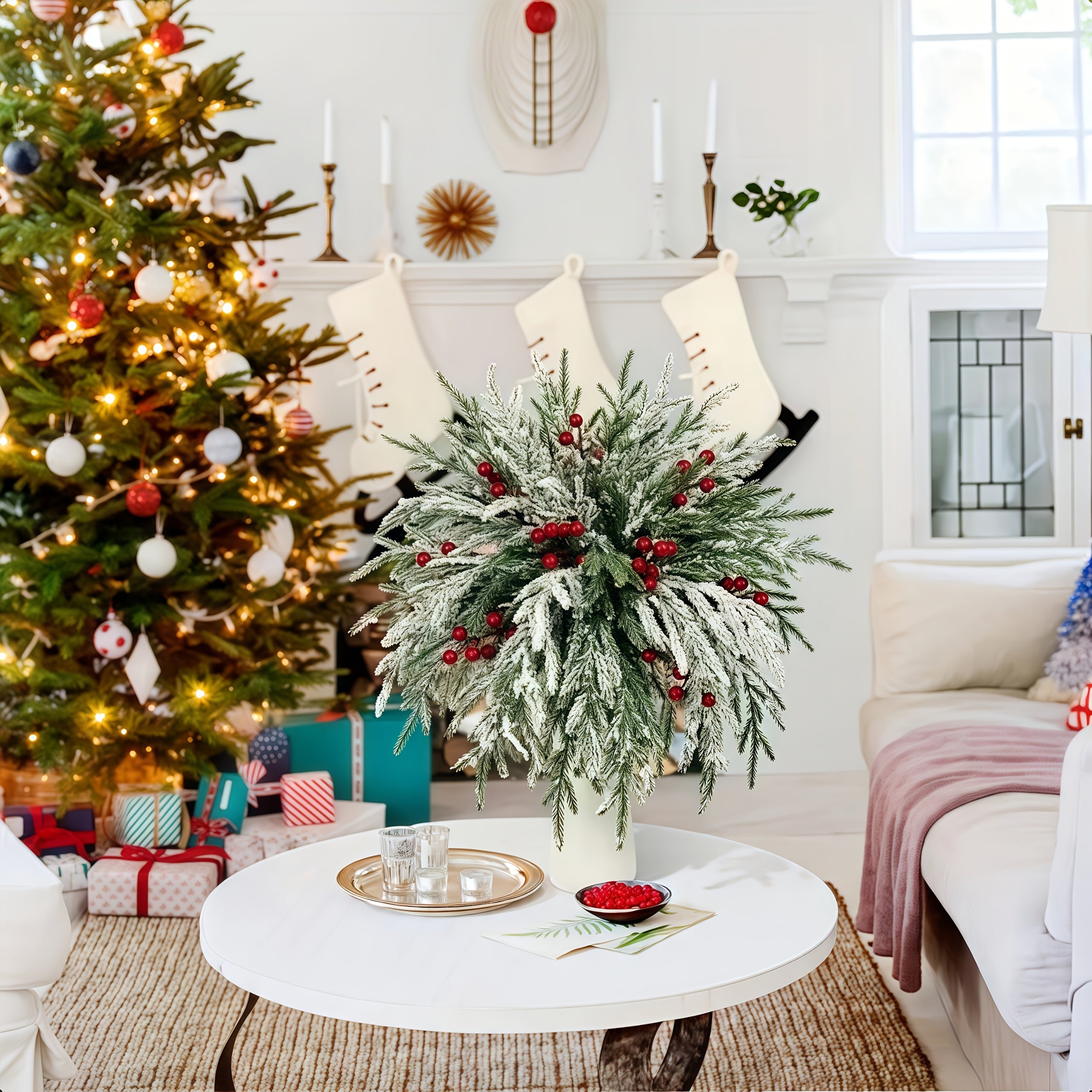 36pcs - Green Christmas Artificial Plant Norfolk Pine Branches with Red Berries - 37cm Realistic Faux Pine Garland, Dense Green Needles and Snow Cover, Suitable for Christmas Wreaths, Vase Fillers, Home Decor - Durable Plasti