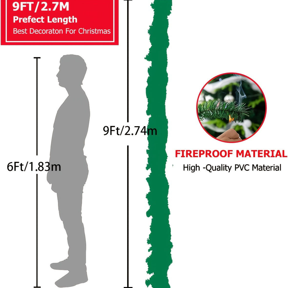 9-Foot Artificial Cedar Garland for Christmas, Adorned with Snowflakes.