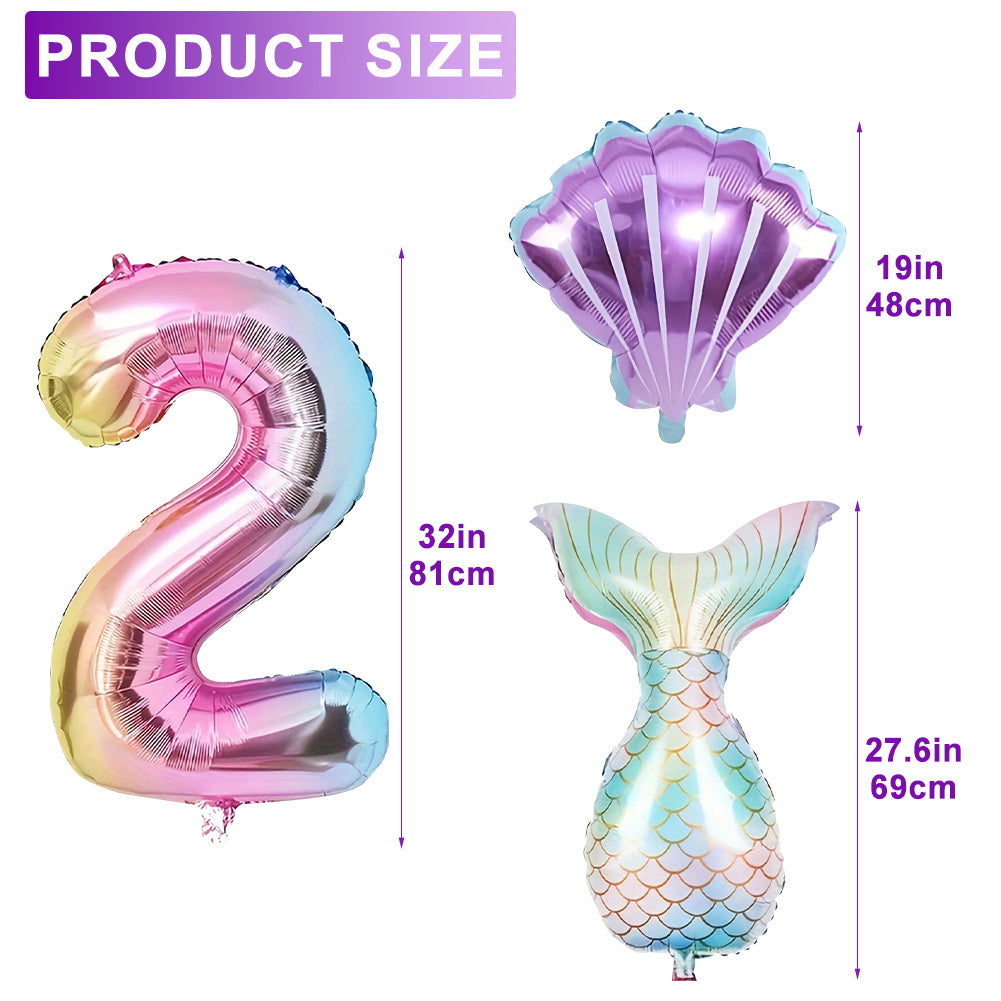 6pcs Ocean-Themed Birthday Balloon Set with Mermaid Tails & Seashells - Vibrant Mixed Colors, Durable Aluminum Foil, Includes Number 1-7 Balloons for Under the Sea Celebrations