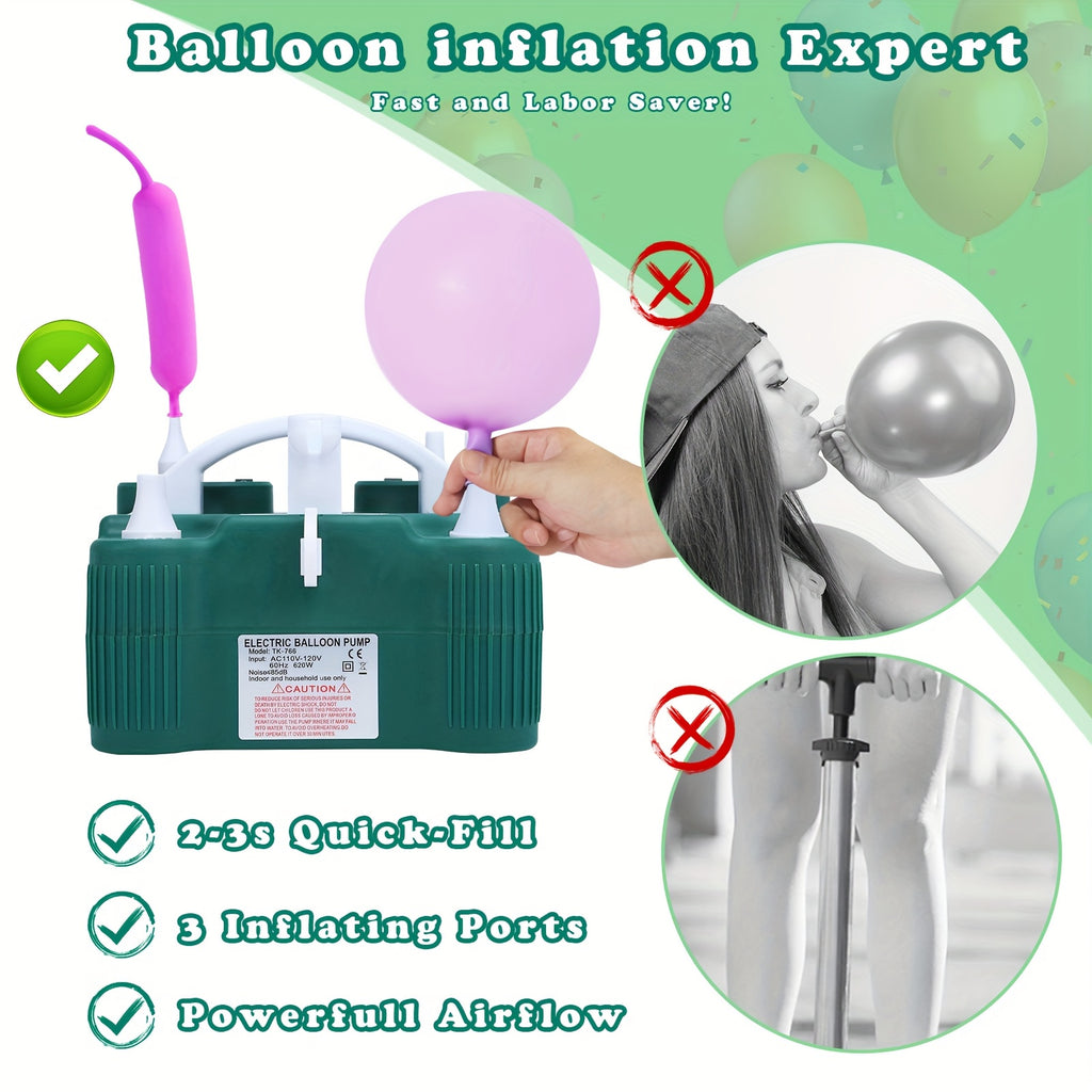 1 Electric Balloon Pump 3-in-1 Portable Air Pump | Fast Inflation for 260q Foil Mylar Latex Double-Stuffed Balloons, Inflator Deflator for Pool, Semi-automatic Operation, Green PP Material, Without Battery