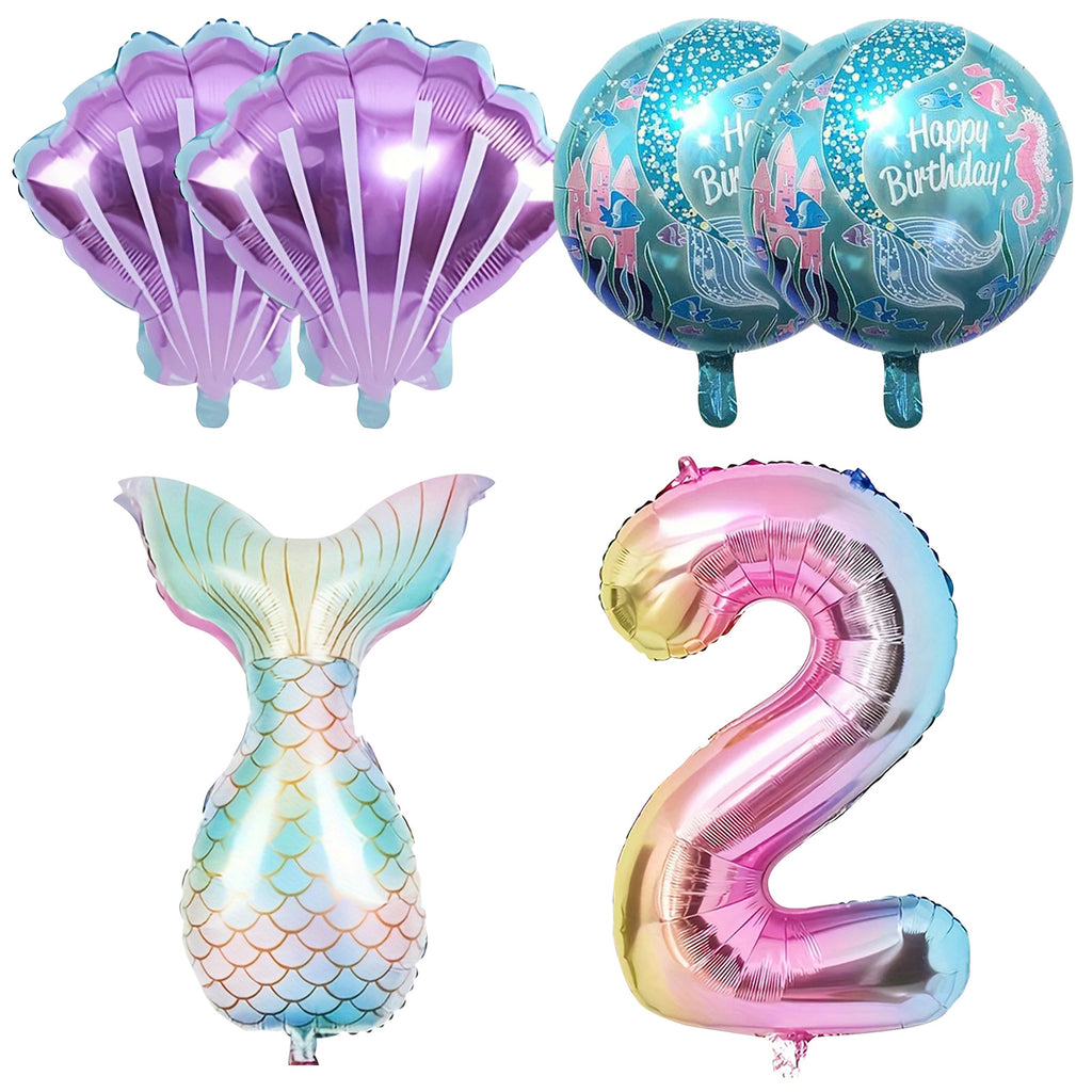 6pcs Ocean-Themed Birthday Balloon Set with Mermaid Tails & Seashells - Vibrant Mixed Colors, Durable Aluminum Foil, Includes Number 1-7 Balloons for Under the Sea Celebrations