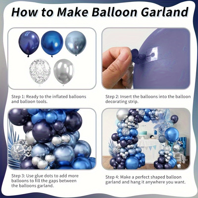 94pcs blue and Silvery balloon arch kit, navy blue, dark blue, and Silvery balloon flower wreath with metallic royal blue, light blue, and Silvery confetti party balloons for birthdays, weddings, graduations, and party decora
