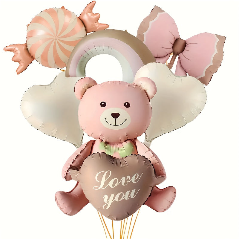 [Mixed Colors Aluminum Film Balloons] 6pcs Bear & Candy Balloon Set - Perfect for Birthdays, Anniversaries, Engagements | Mixed Colors, Oval Shape, Aluminum Film