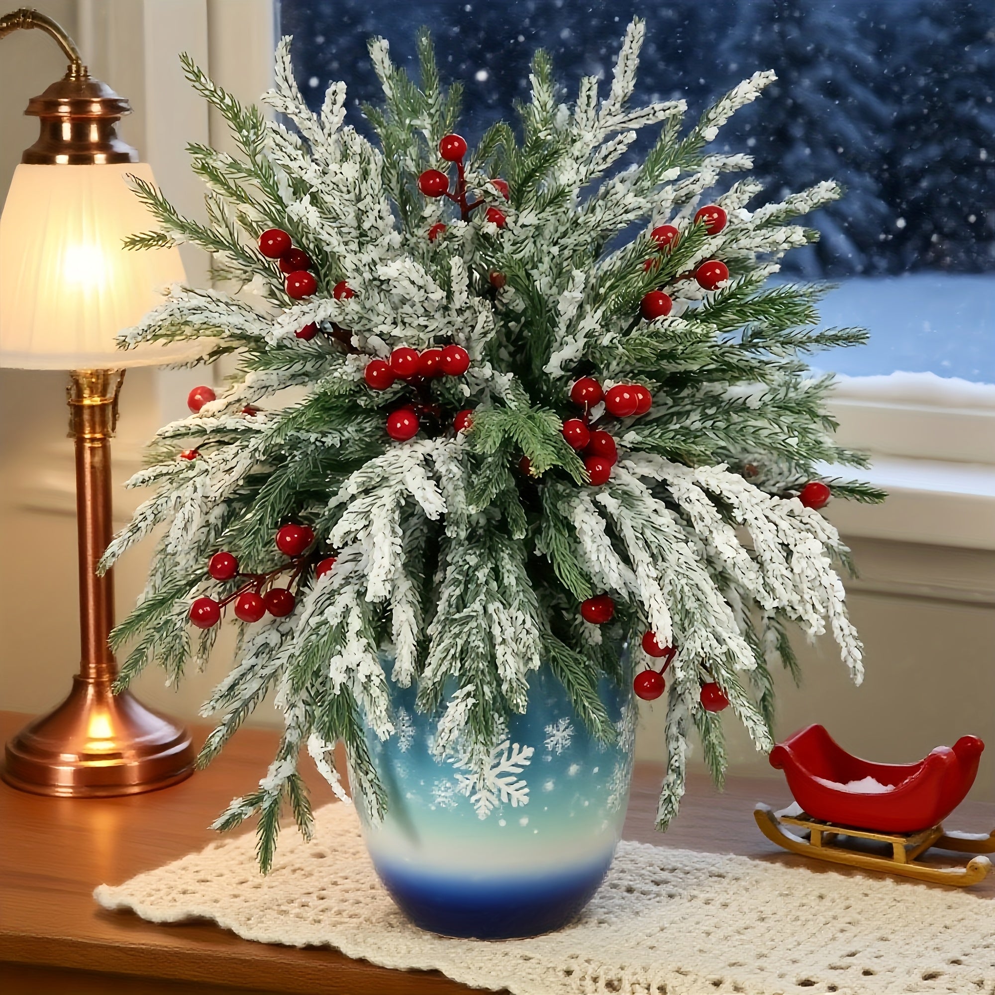 36pcs - Green Christmas Artificial Plant Norfolk Pine Branches with Red Berries - 37cm Realistic Faux Pine Garland, Dense Green Needles and Snow Cover, Suitable for Christmas Wreaths, Vase Fillers, Home Decor - Durable Plasti